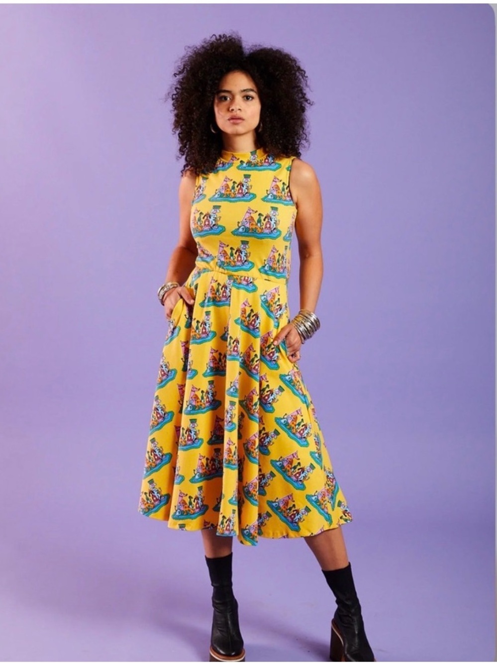 Nooworks Yellow Dog Print Mock Neck Midi Dress Size Small